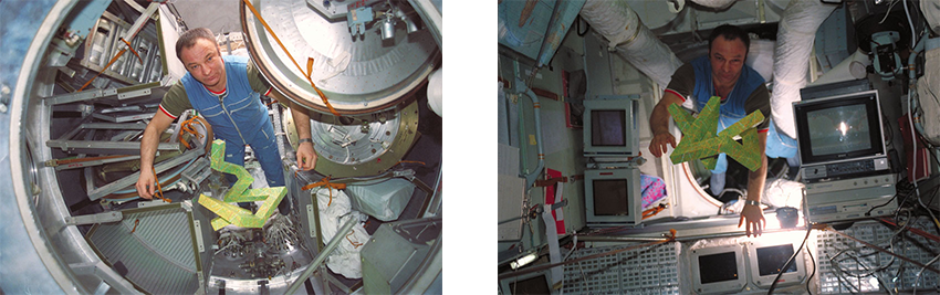 Cosmonaut Gennadi Manakov unpacking the Cosmic Dancer and moving it into the Mir station.